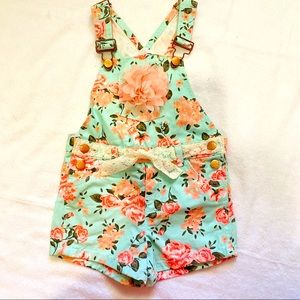 Little Lass Blue Floral Lace Overalls Shorts 4T